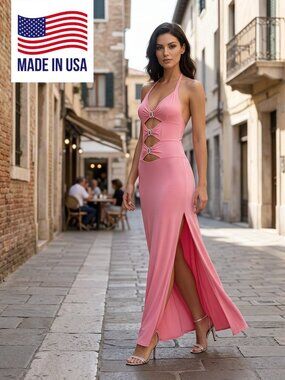 Women's Pink Long Halter Dress Side Slits